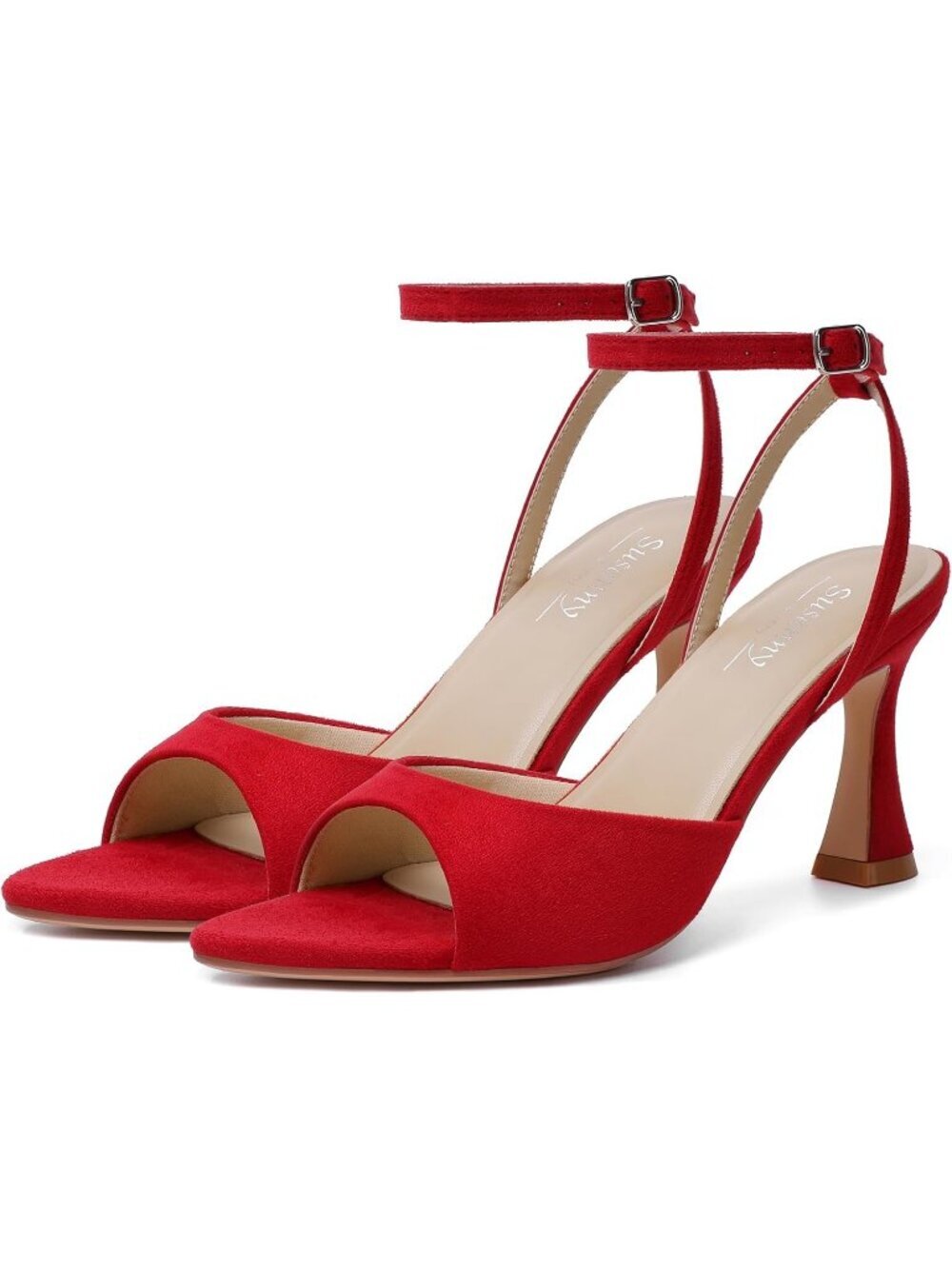 Womens Red Suede Pointed Open Toe Strappy Chunky Block Stiletto High Heels Shoes